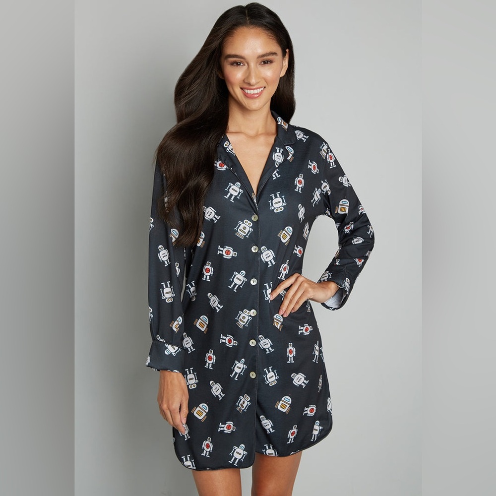 NWT ModCloth Easy Mornings Long Sleeve Sleep Shirt Navy Blue Robots Novelty
